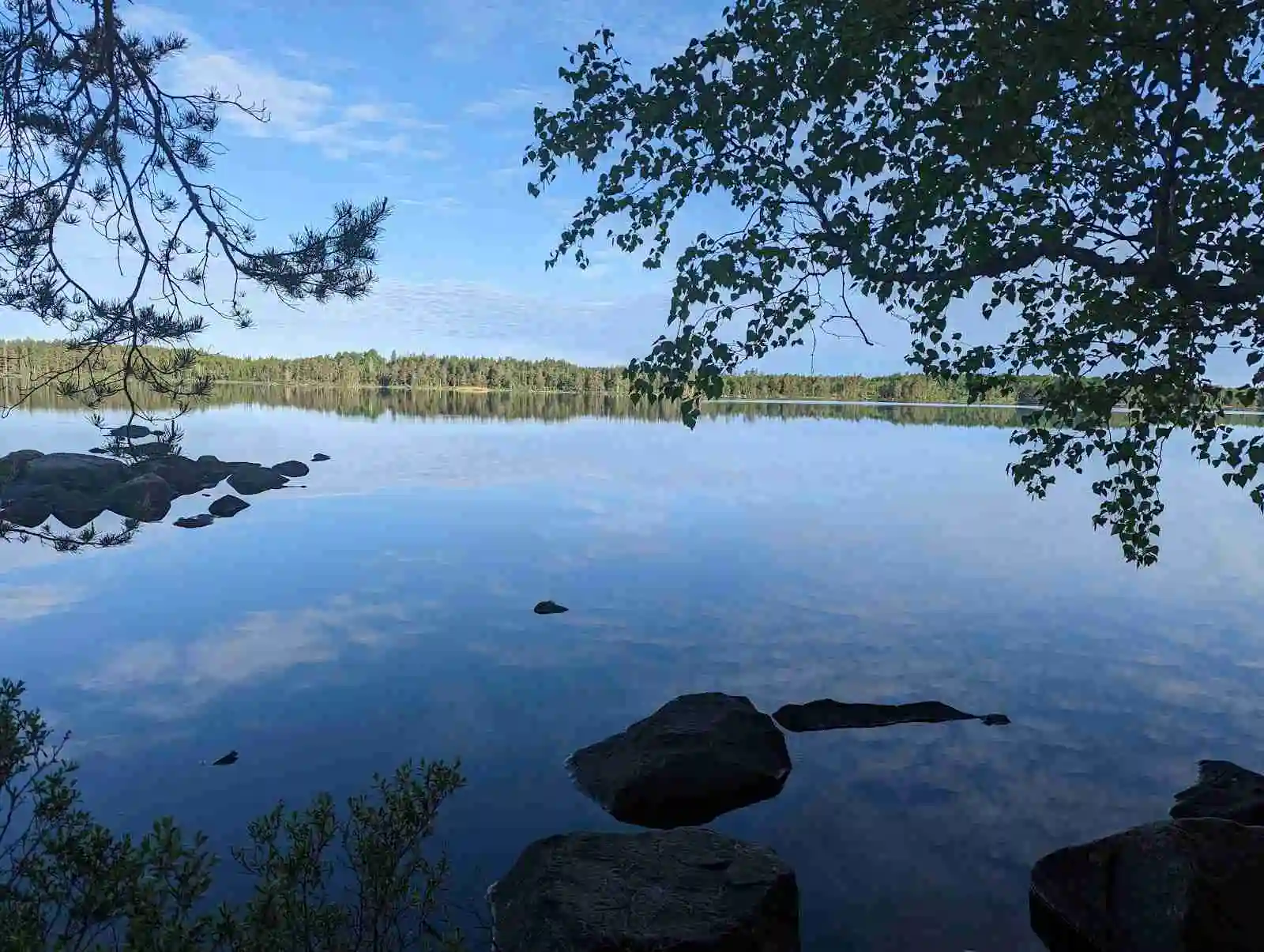 En vacker sjö omgiven av grönskande skogar och blanka vatten, med en klar blå himmel reflekterande i ytan, vid Agundaborg Camp & Paddle.