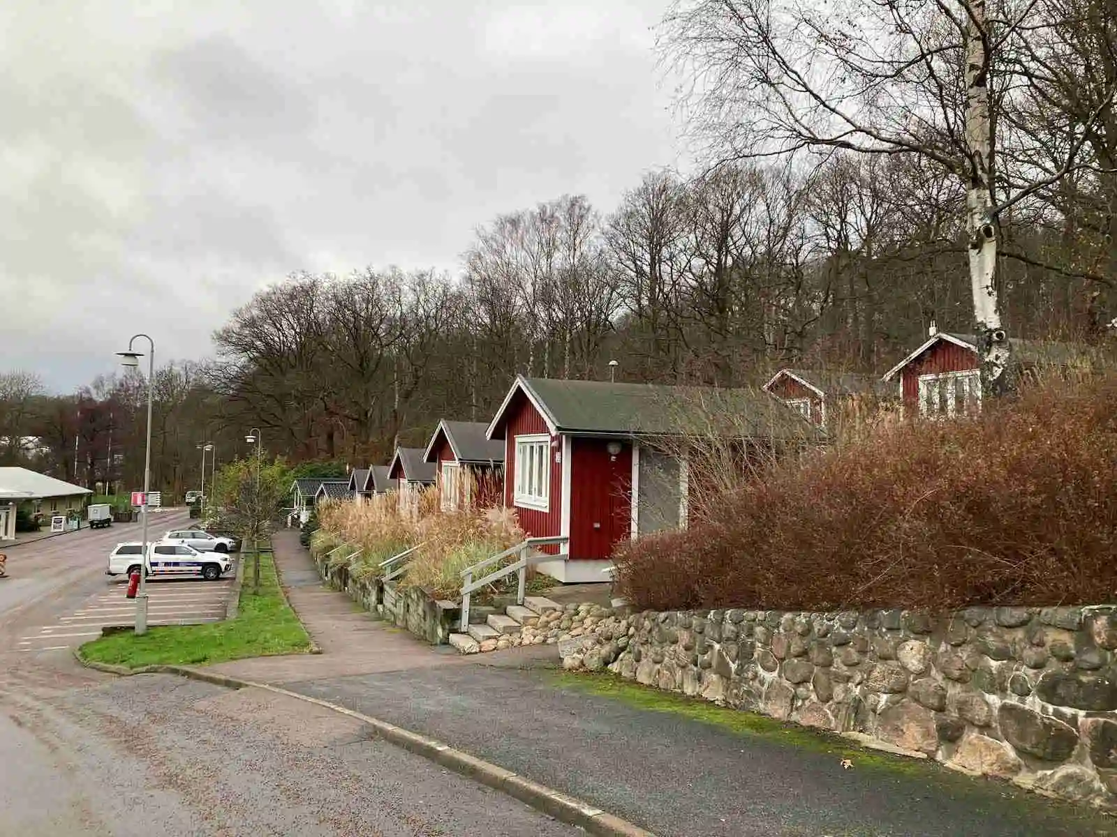 En pittoresk landskapsvy vid Lisebergsbyn med små stugor omgivna av träd och grönska, som utgör en lugn och inbjudande bostadsområde.