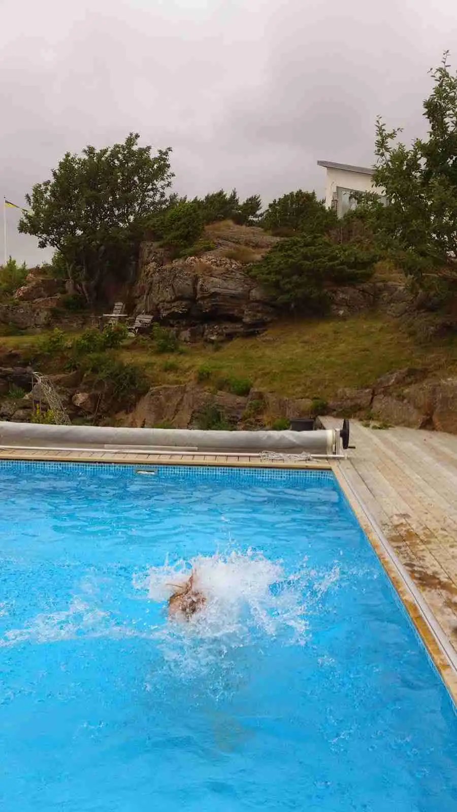 En grupp människor har roligt i en pool på Vallersvik Camping & Hostel, omgivna av grönska och semesterstämning.