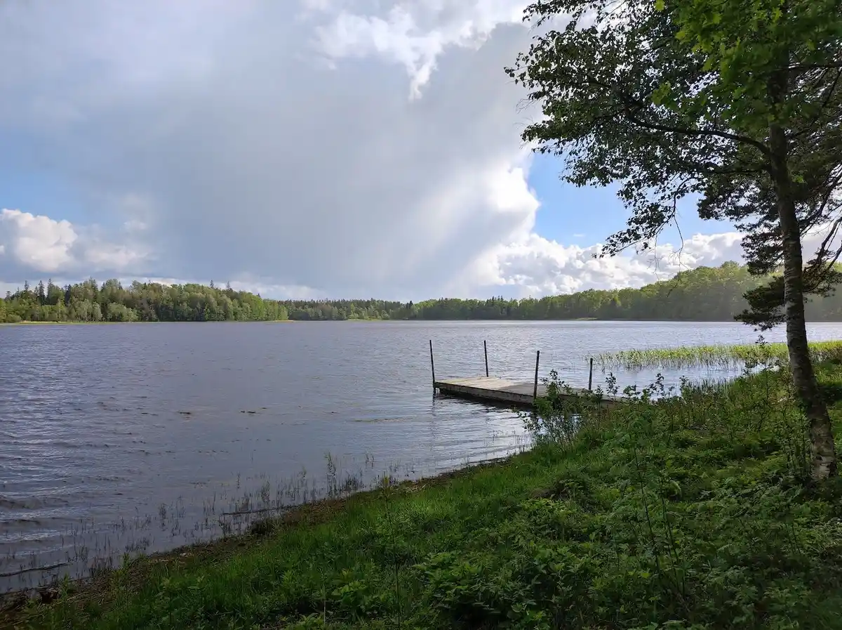 Vy över Hallsjö vildmarkscamping med en klarblå himmel och moln ovanför en kropp av vatten, omgiven av frodig natur och grönska.