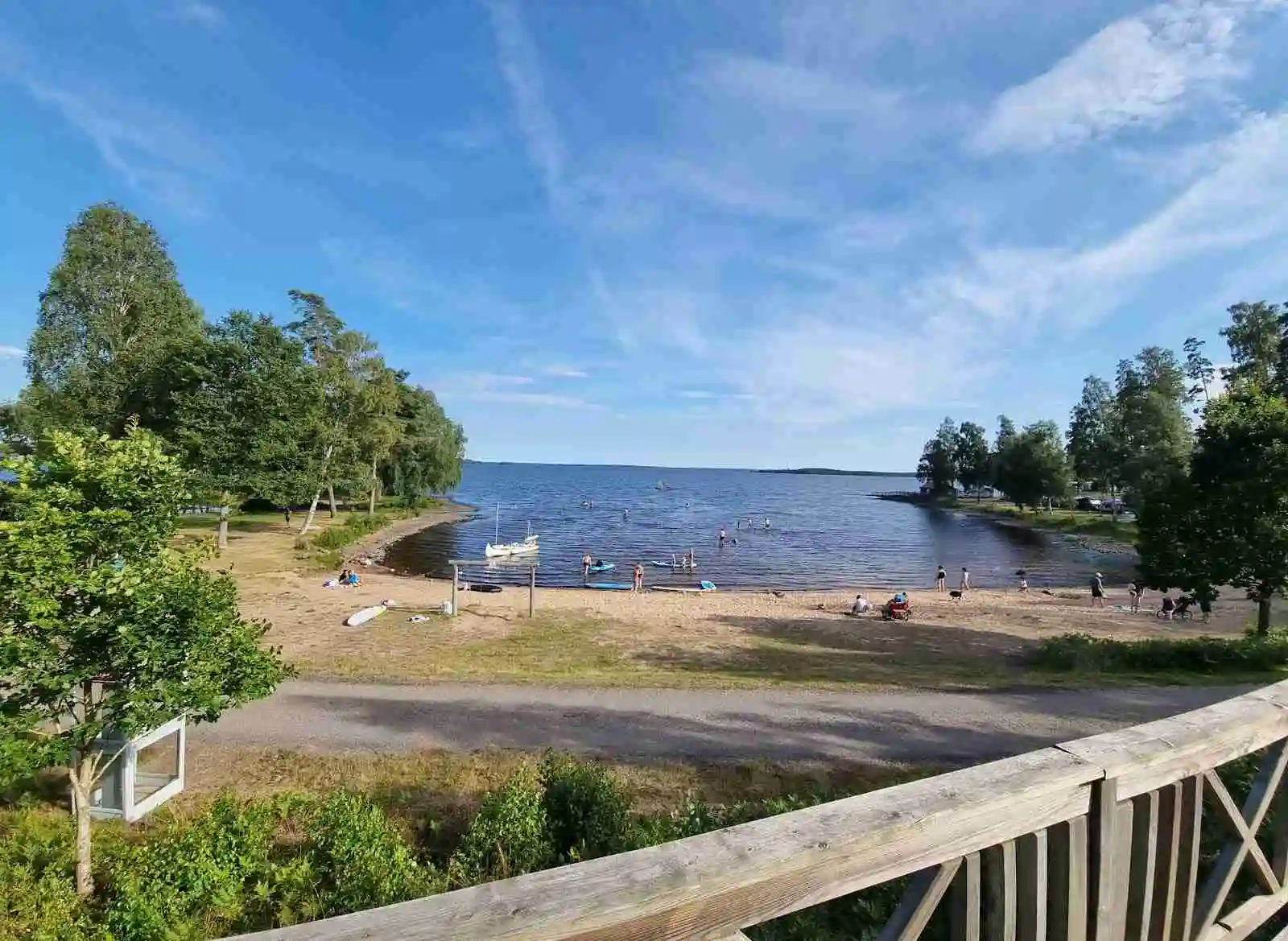 En lugn och naturnära vy över Löckna Camping med träd och en strand kantad av vatten, perfekt för en avkopplande vistelse vid kusten.