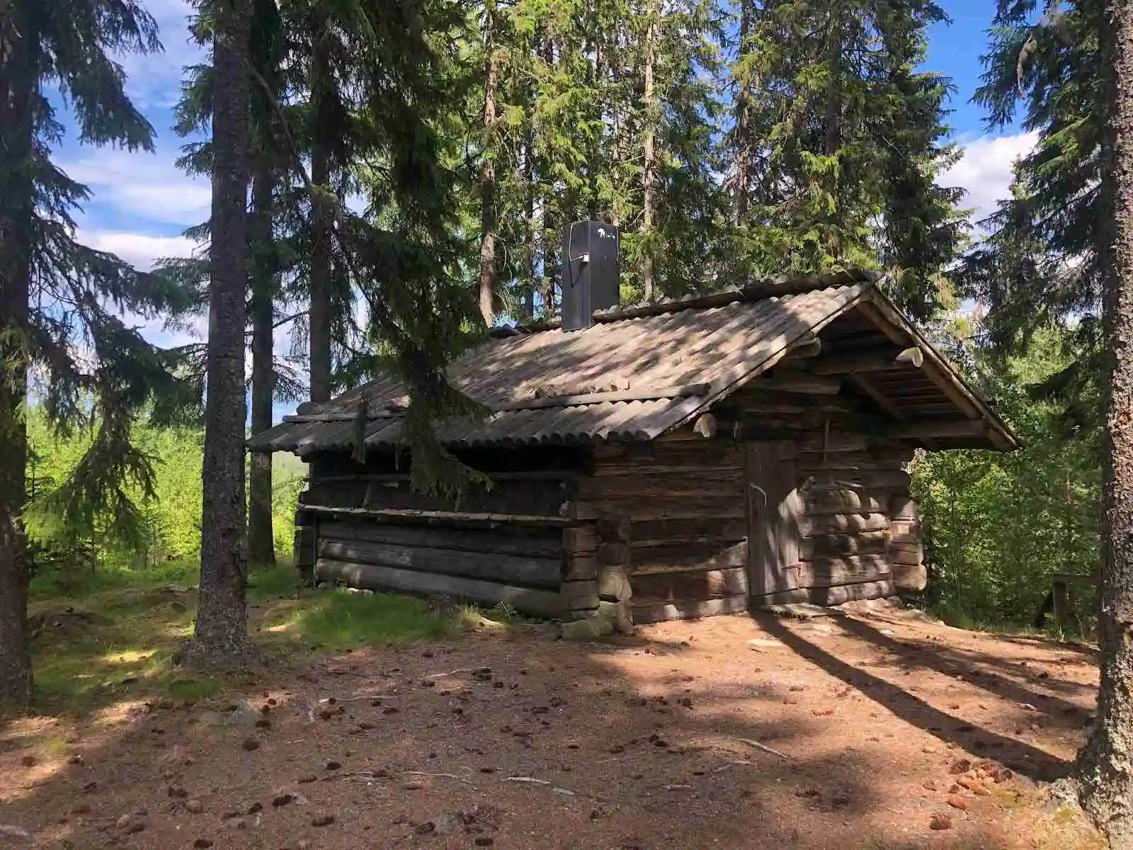 En timmerstuga omgiven av tät skog, med trädstammar i förgrunden.