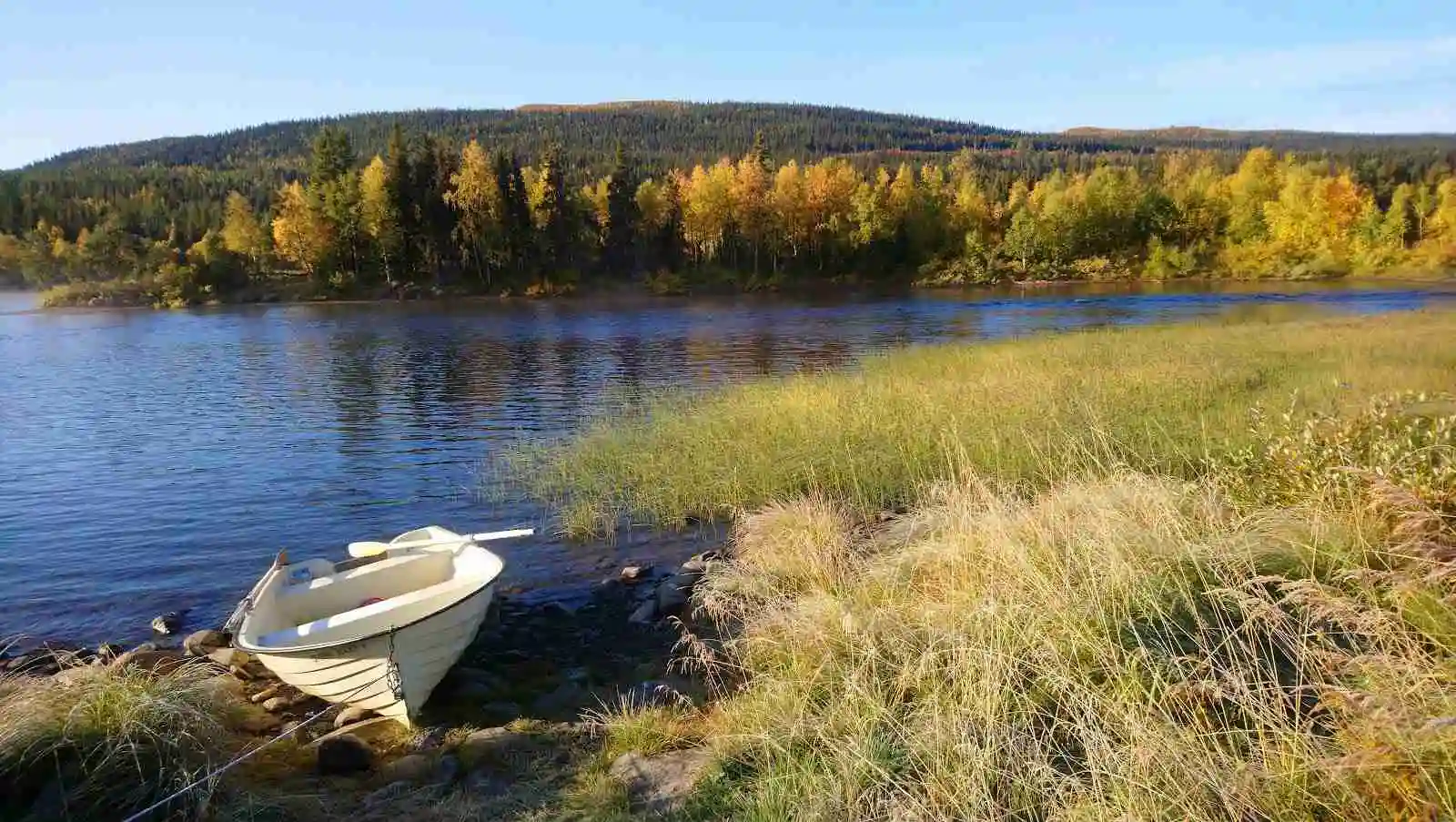 En naturskön bild av Emils Fiskecamp med en stilla vattensamling omgiven av grönska och en liten båt förtöjd vid strandkanten.