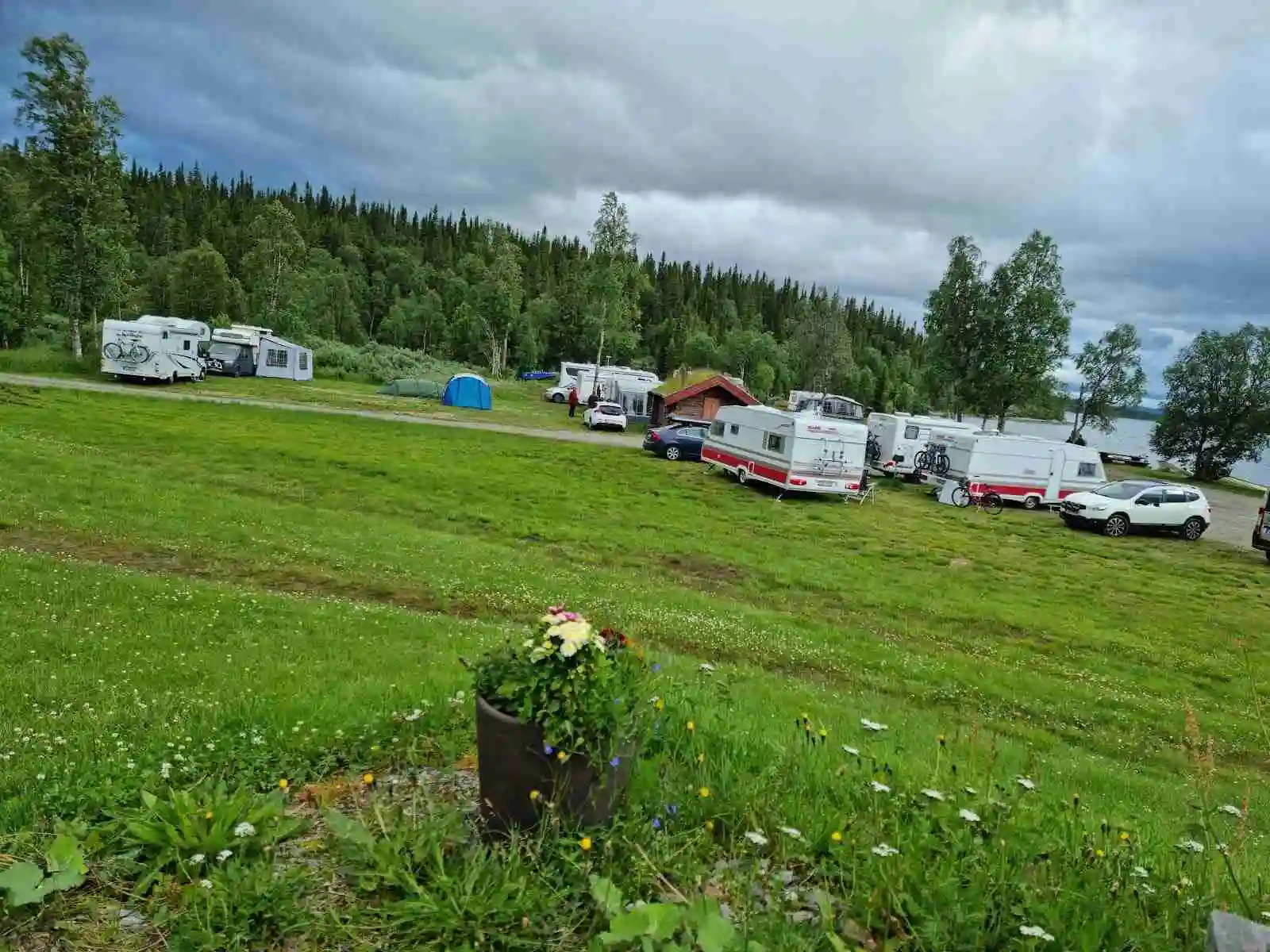 En vidsträckt äng med grönt gräs och några moln på himlen. En husbil står parkerad på fältet vid Lia Ranch Vildmarkscamping, omgiven av vild vegetation och en känsla av öppen natur.