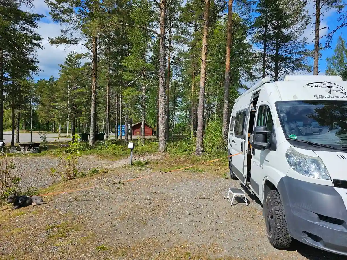 Alt-text: En bild av flera husbilar och husvagnar parkerade på Norrmjöle Camping, omgiven av lummig grönska.