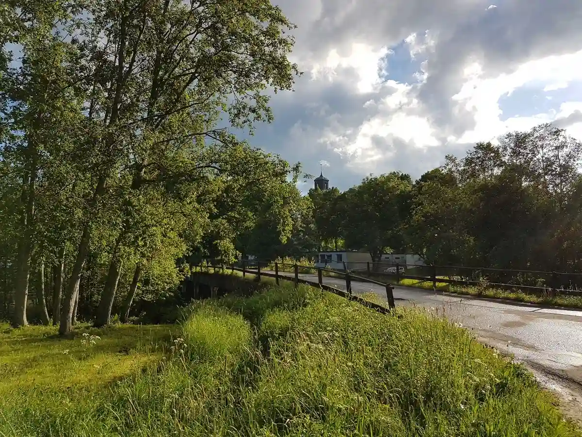 Bild av Camp Kungsgården: En lummig och grönskande omgivning med träd och buskar, gräs som täcker marken och en klar himmel med moln i bakgrunden. Naturens lugn är framträdande i denna natursköna miljö.
