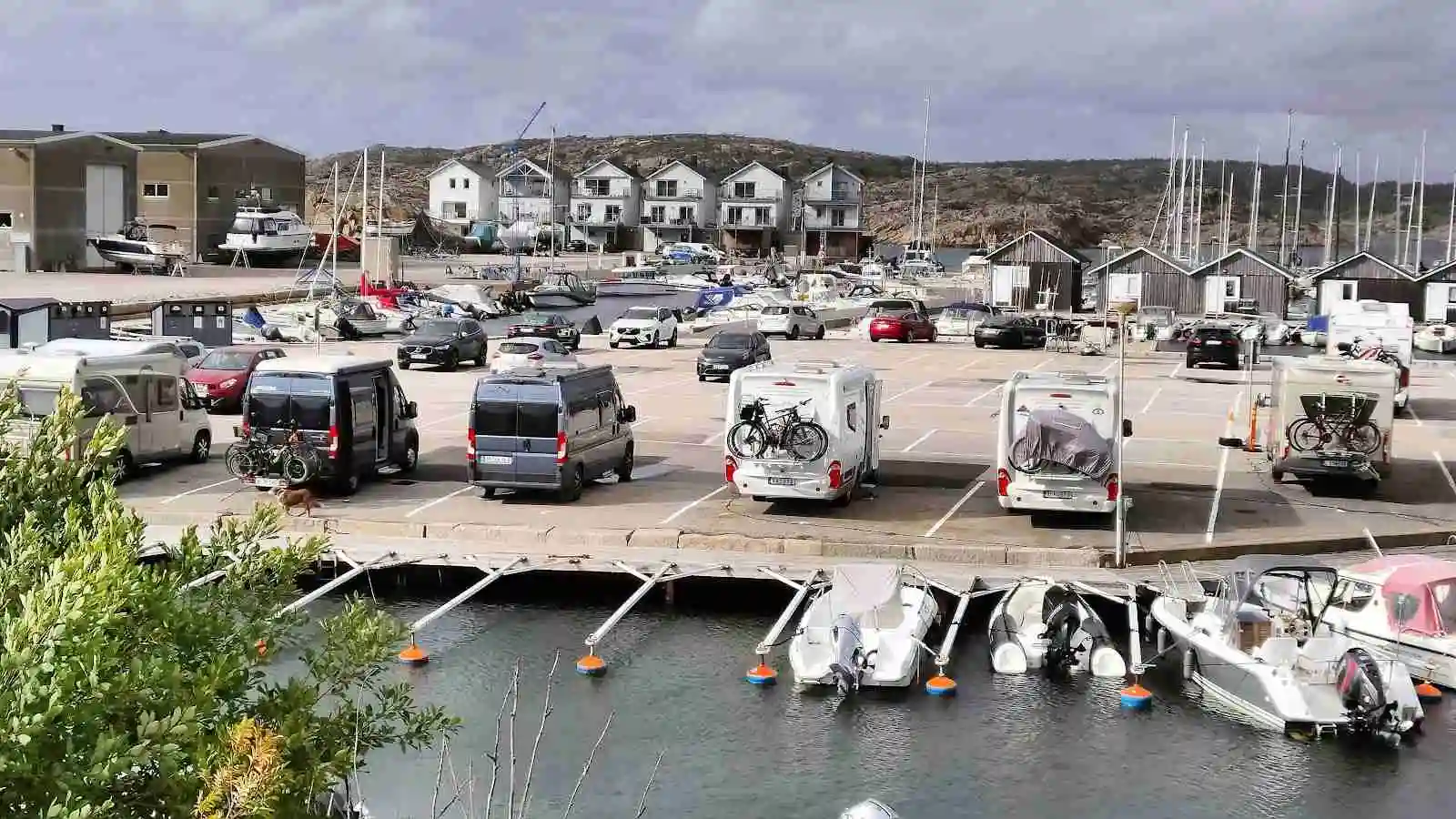 En småbåtshamn med flera båtar förtöjda vid bryggan, med en närliggande parkeringsplats där det står husbilar.