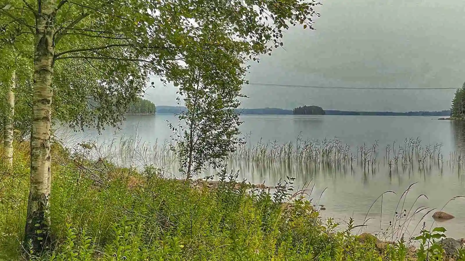 En naturskön vy av Sandviken fribad och camping vid en sjö, omgiven av frodig vegetation och ett vattenlandskap.