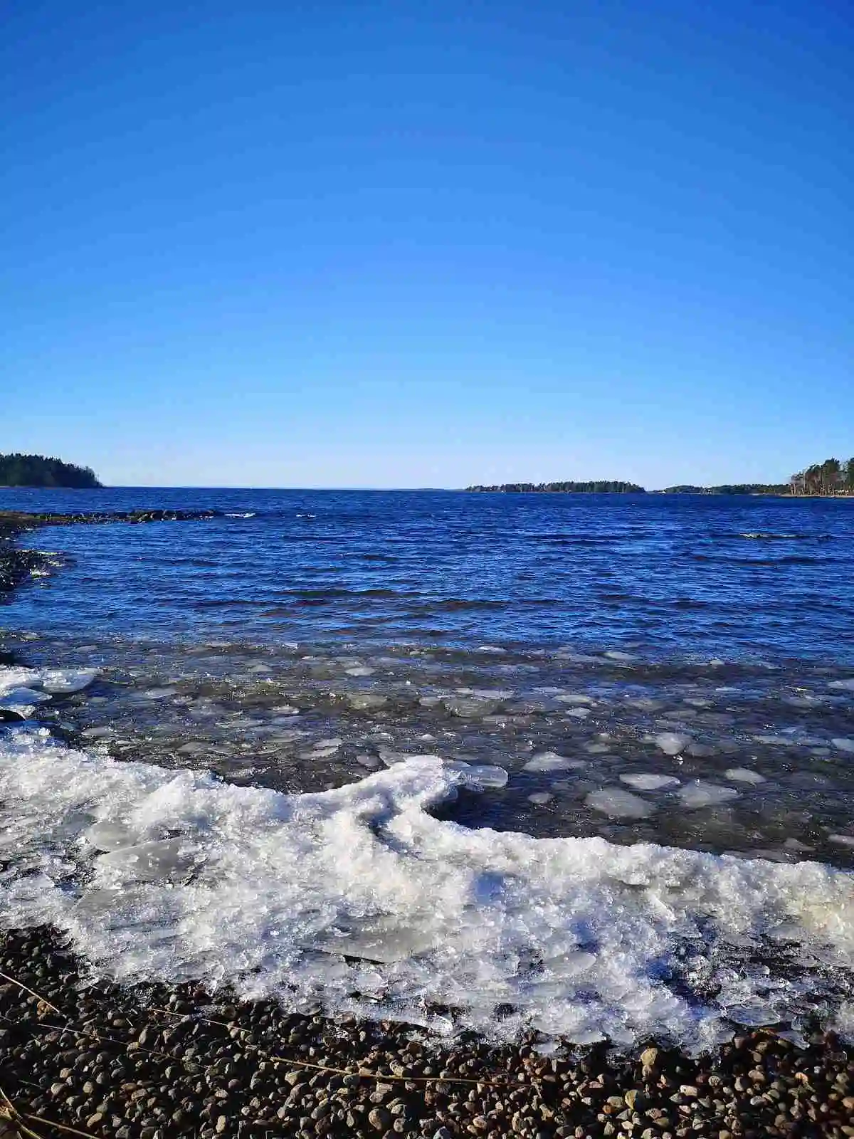 Strand med klippor vid en blå sjö i Malexander Camping, med en vidsträckt horisont och klarblå himmel i bakgrunden.