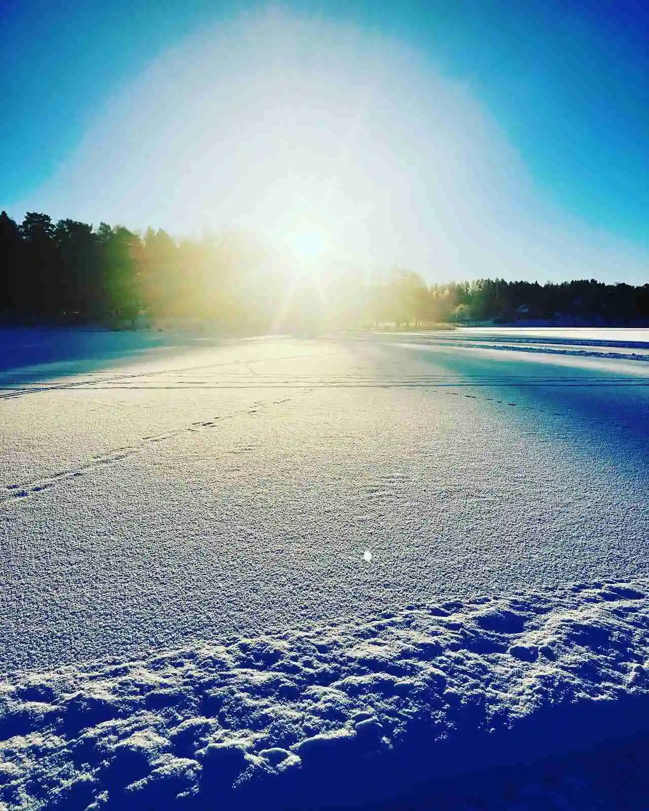 En solig dag vid Bredsands bad & camping, med en klarblå himmel och solen stiger vid horisonten, vilket skapar strålande ljus och en naturskön vy.