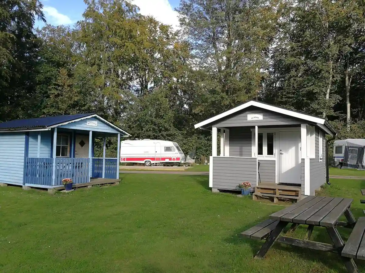 En grön campingplats med husvagnar och tält uppställda på gräsmattan under skuggande träd, med flera rekreationsfordon och en stor lastbil i bakgrunden.