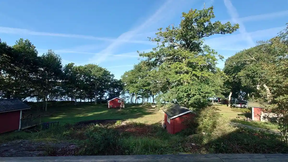 En lantlig trädgård med gräsytor och träd, ett torp i bakgrunden omgiven av grönska på Kustgården Senoren.