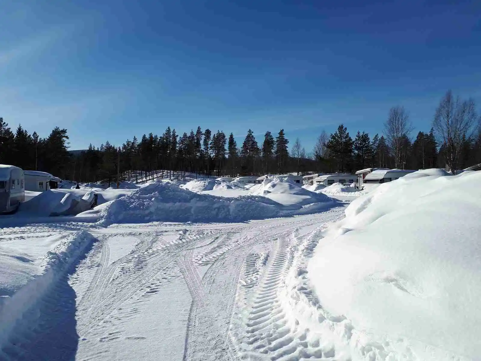En snötäckt vinterlandskap vid Stöten Camping med sluttande terräng, frostiga träd och en isformation. Barrträd och lärkträd kantar området, vilket ger en känsla av avlägsenhet och fridfullhet i den kalla miljön.