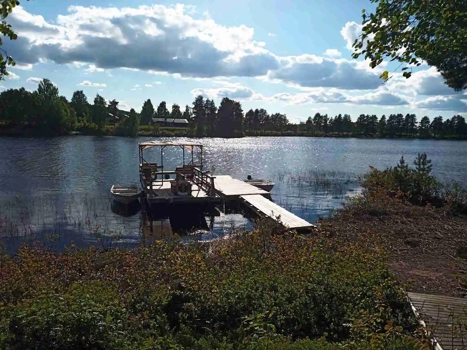 En naturskön vy vid Trollforsen Camping & Stugor, med en vattenväg omgiven av träd och växtlighet under en klar himmel.