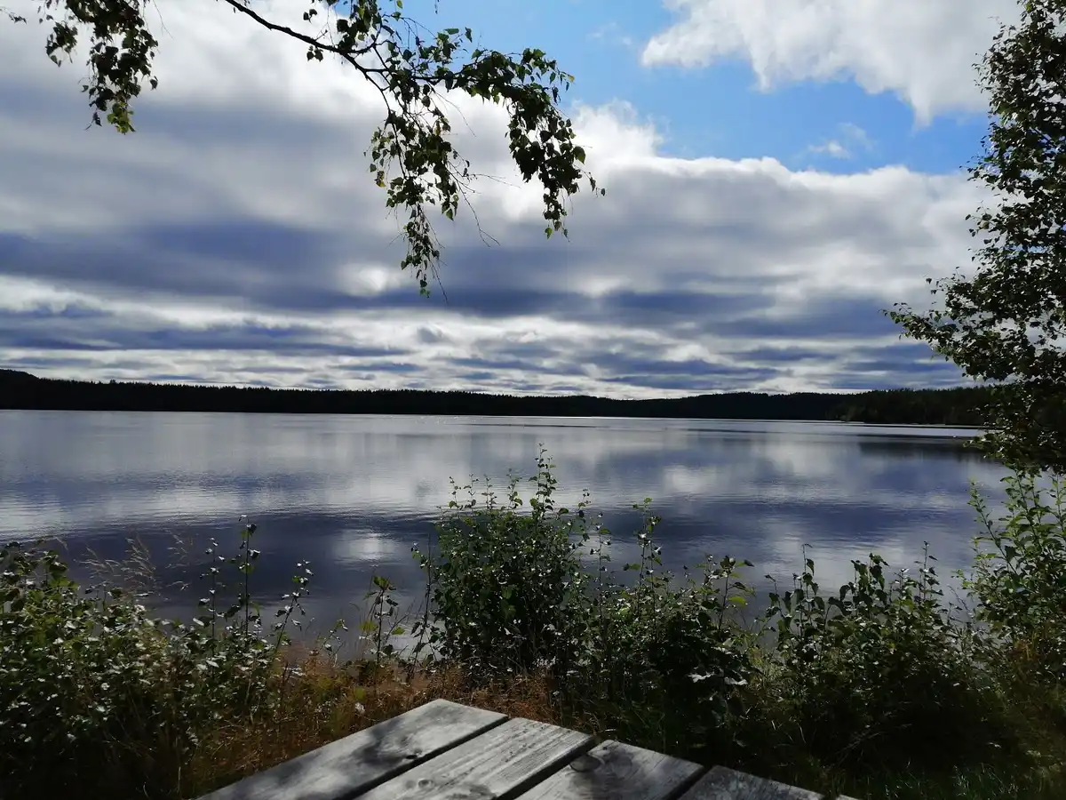 En vy över ett blått vattendrag omgiven av frodig grönska och molnströdd himmel vid Vindelforsarnas camping.