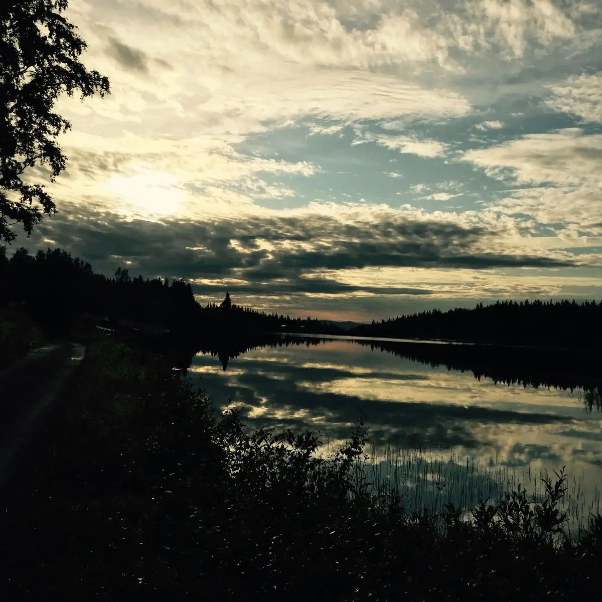 Bild av Rörvattnets Fiskecamp med en blå himmel och några moln. I förgrunden syns ett glittrande vattendrag som sträcker sig mot horisonten, omgiven av orörd natur och gröna landskap i bakgrunden.