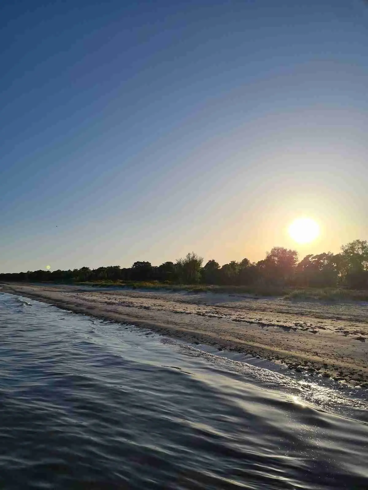 En naturskön vy av Bingsmarkens camping vid solnedgången, där horisonten möter vattnets blänkande yta och himlen färgas i mjuka kvällstoner.