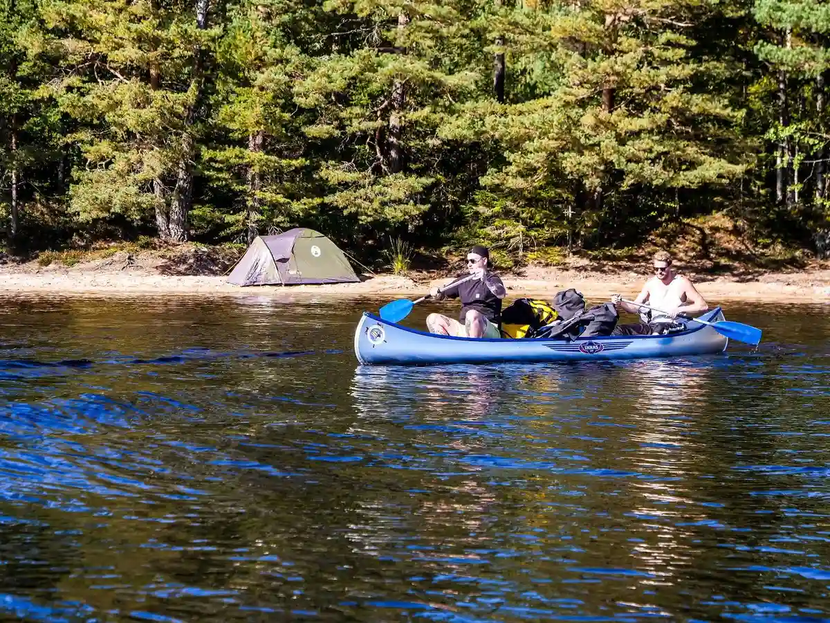 En grupp människor paddlar kanoter i en naturskön flod omgiven av frodig grönska vid Viking Republic Nature Camp.