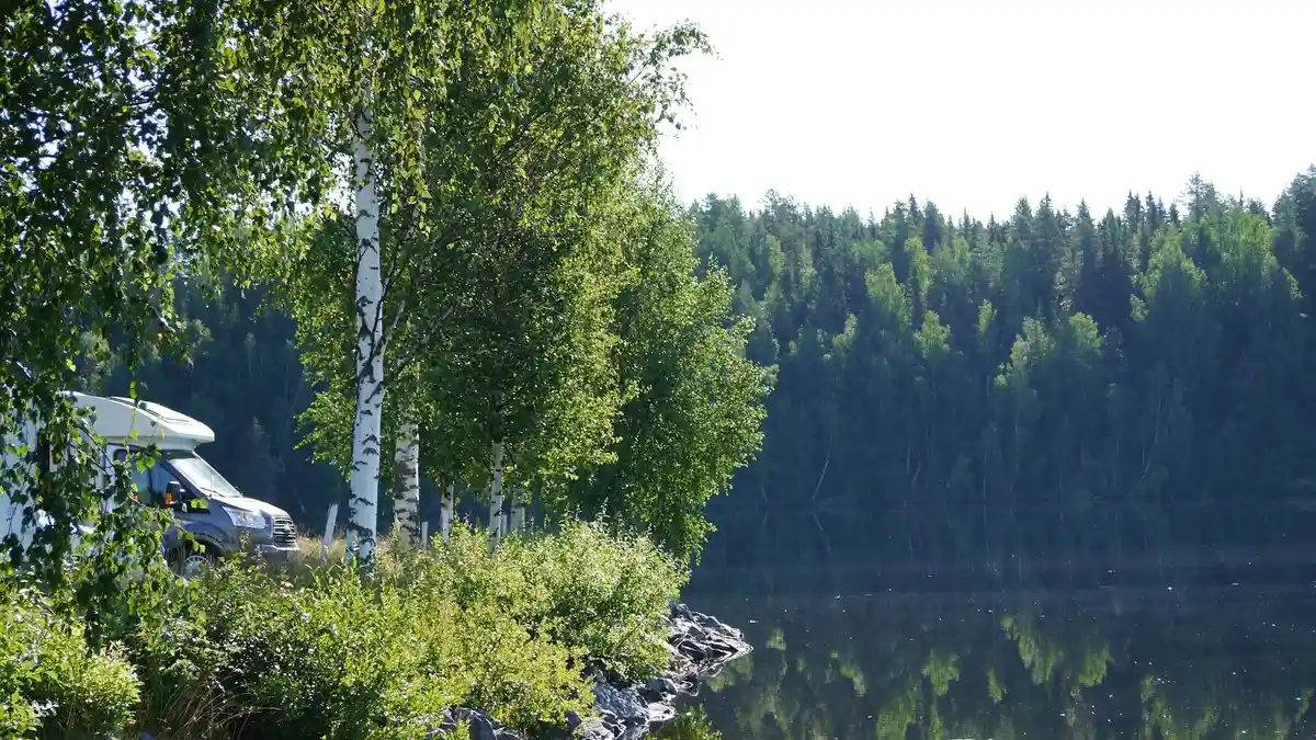 En naturskön vy vid Vindelforsarnas camping med tät skog runt en lugn vattenväg, där trädens spegelbilder syns i det stilla vattnet.