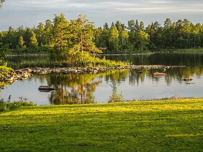 Bild av Alsterbro camping med en naturskön vy över vatten och gröna omgivningar. Sommarlandskapet domineras av en klar vattenyta, omgiven av grönska och växtlighet.