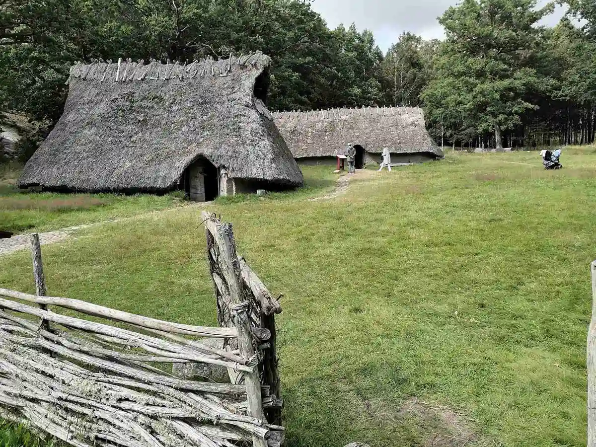En charmig stugby vid Tanums camping med traditionella halmtak, små kojor och enkla stugor omgivna av naturskön miljö.