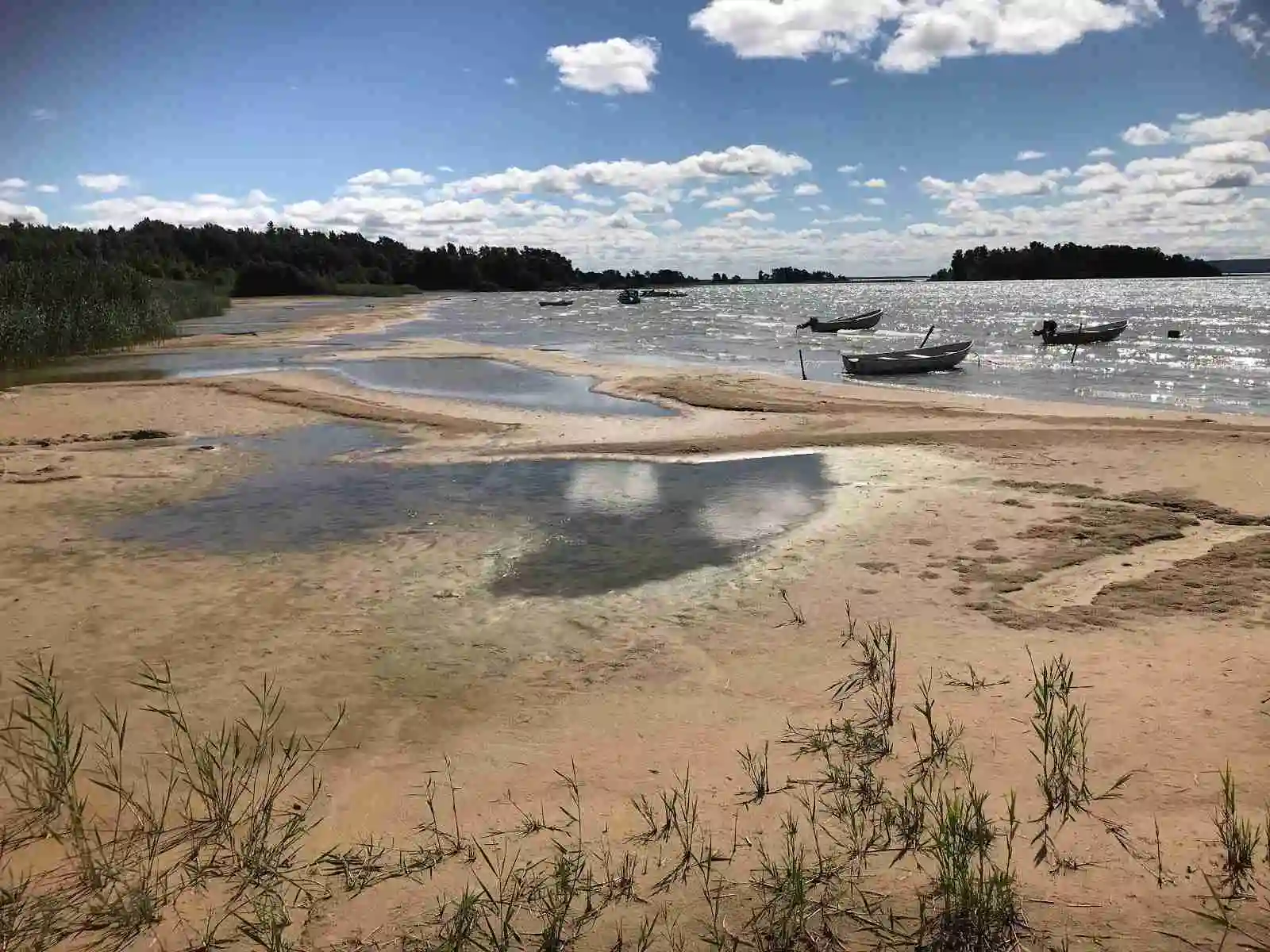 En sommardag vid Sikhalls Camping med vy över vatten, strand och molnig himmel.