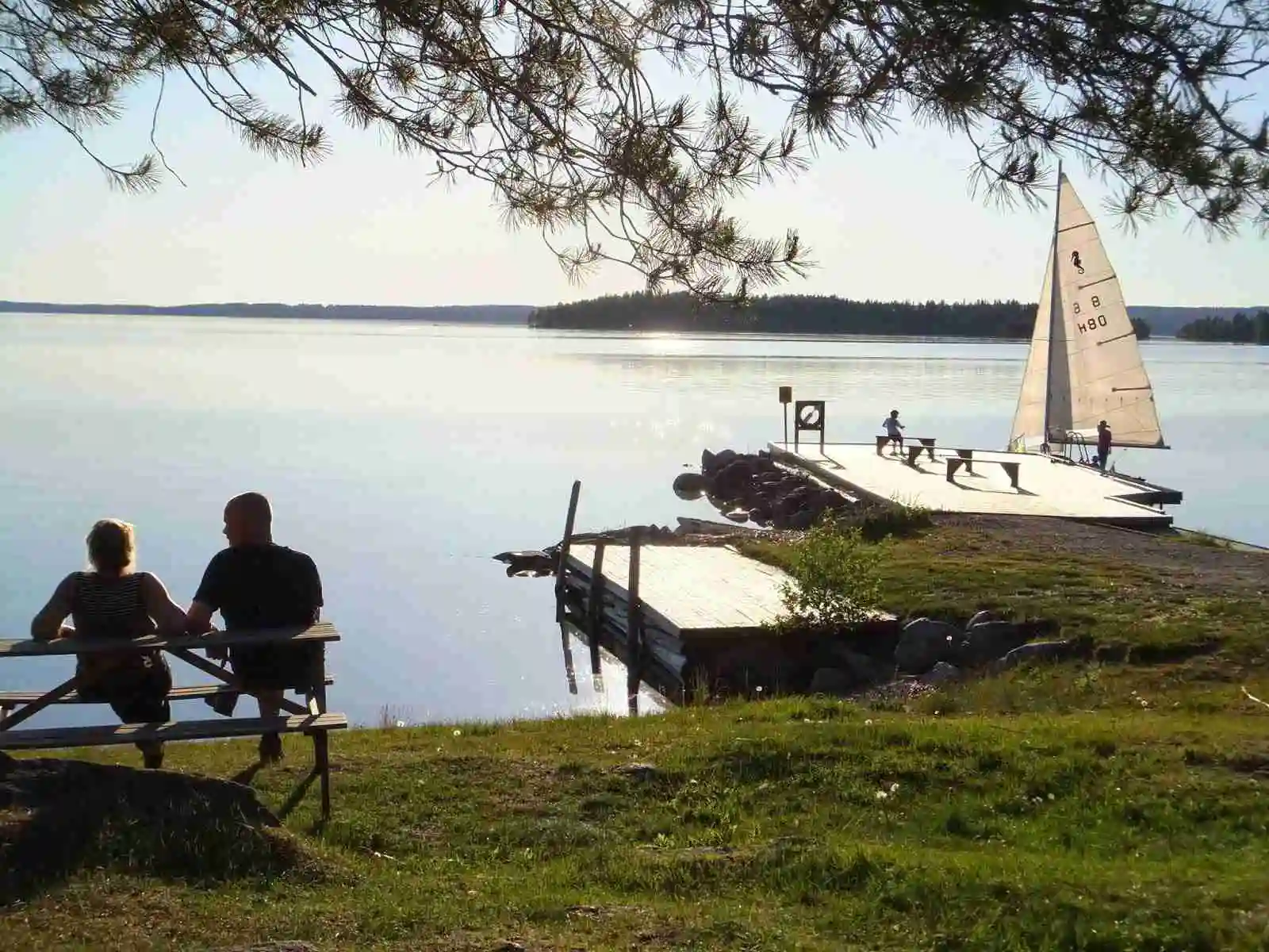 En stillsam sjö med en brygga och båtar vid strandkanten, omgiven av grönskande skog, vid camping Tiveden. Perfekt för avkoppling och utomhusaktiviteter.