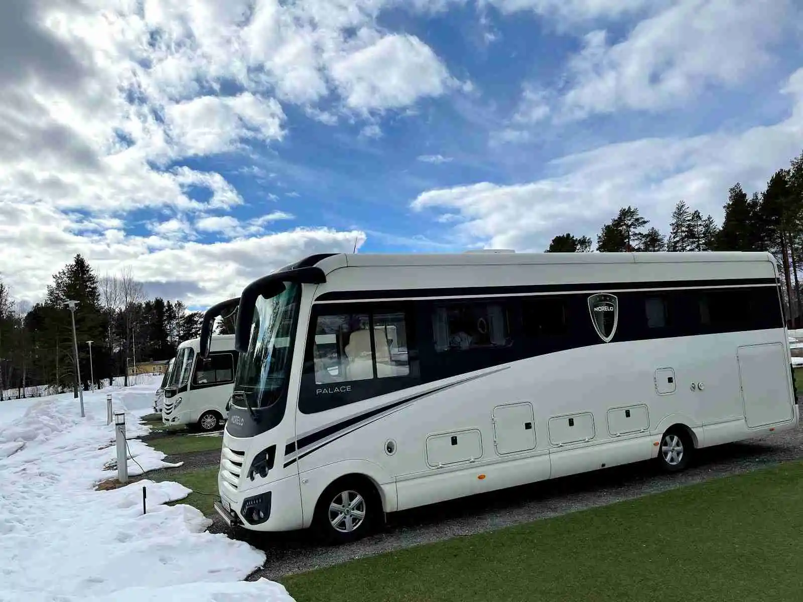 En turistbuss står parkerad på Skellefteå camping, med gröna träd i bakgrunden och en klar himmel ovanför.