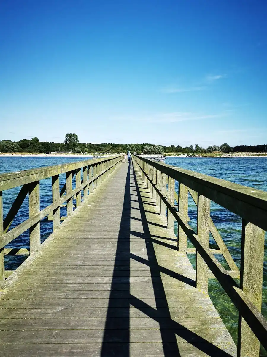 Alt-text: "En träbrygga som sträcker sig över vatten vid Lomma camping, omgiven av en naturskön miljö med sjöutsikt."