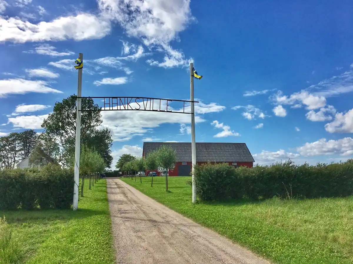 En vidsträckt landskapsscen med klarblå himmel och gröna gräsfält vid Hanksville Farm. I bakgrunden ses enstaka stolpar som bryter upp det öppna landskapet, vilket ger en känsla av landsbygd och vidder.